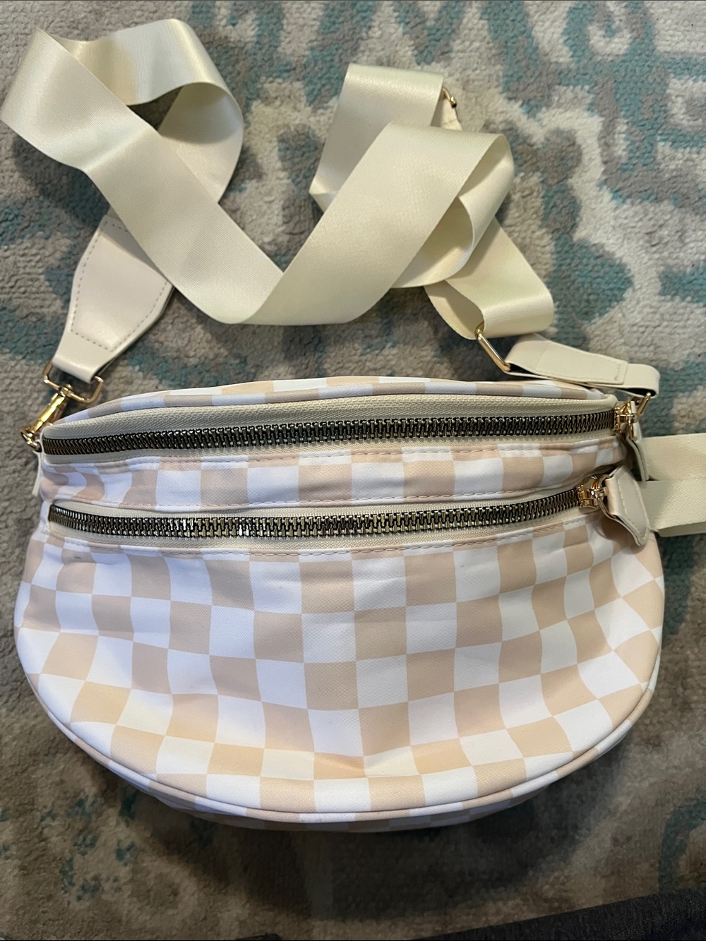 Cream Checkerboard Crossbody Bum Bag w/ Adjustable Strap - Can hold gallon milk